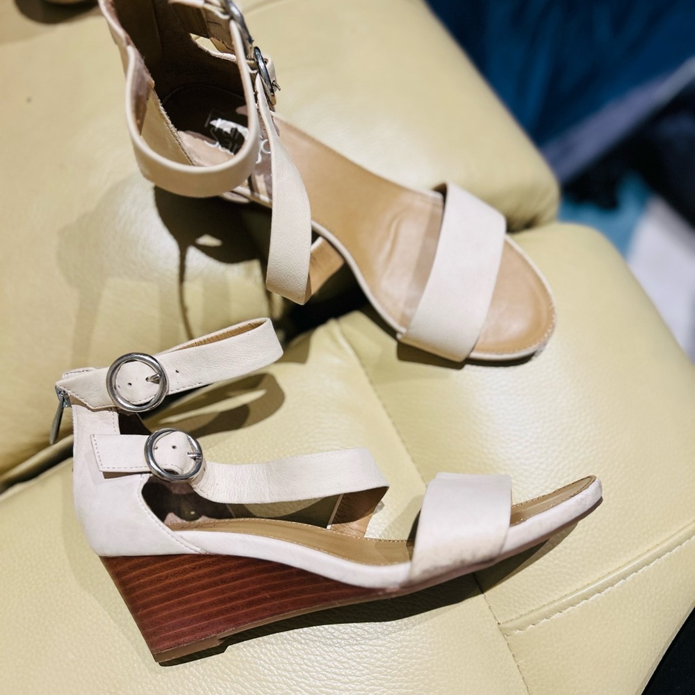 Franco Sarto Cream and Tan Wedge Sandals